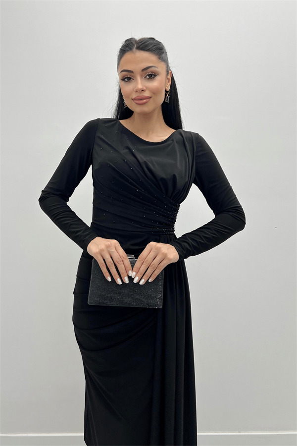 Jarse Kumaş Drapeli Taş Detaylı Elbise - SİYAH - 4