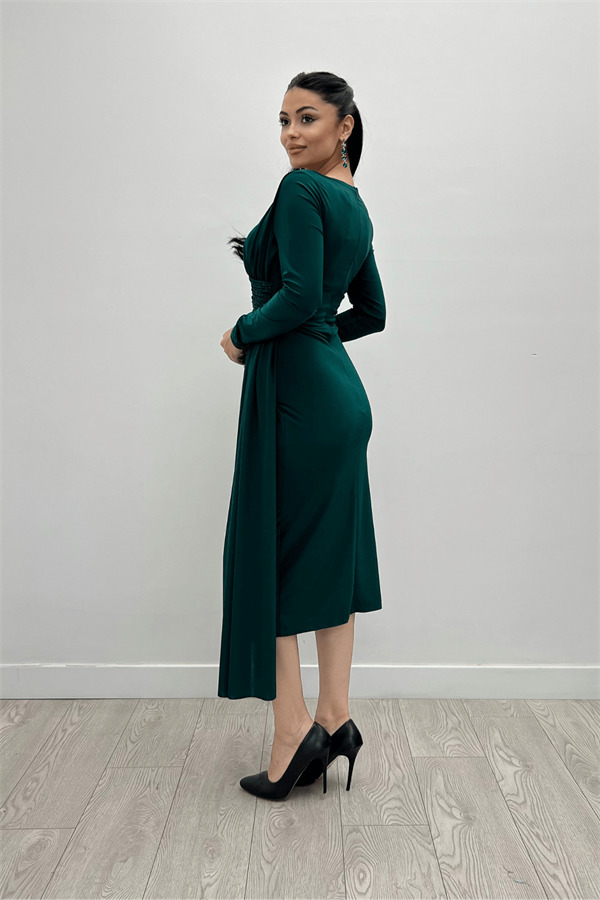 Jarse Kumaş Drapeli Taş Detaylı Elbise - ZÜMRÜT YEŞİL - 5