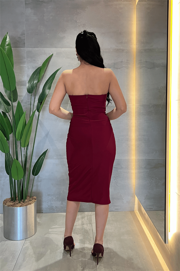 Jarse Kumaş Düğüm Straplez Detaylı Kalem Elbise - BORDO - 5
