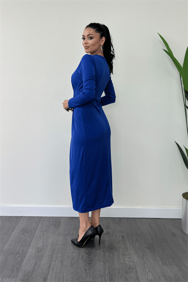 Jarse Kumaş Tasarım Kalem Elbise - SAKS MAVİ - 5