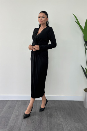 Jarse Kumaş Tasarım Kalem Elbise - SİYAH - Angelino Moda