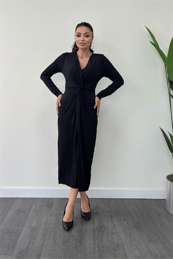 Jarse Kumaş Tasarım Kalem Elbise - SİYAH - 2