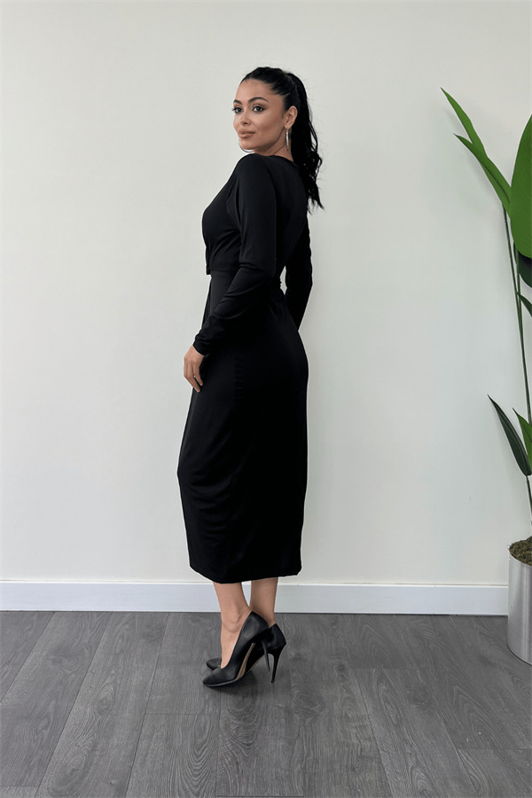 Jarse Kumaş Tasarım Kalem Elbise - SİYAH - 5