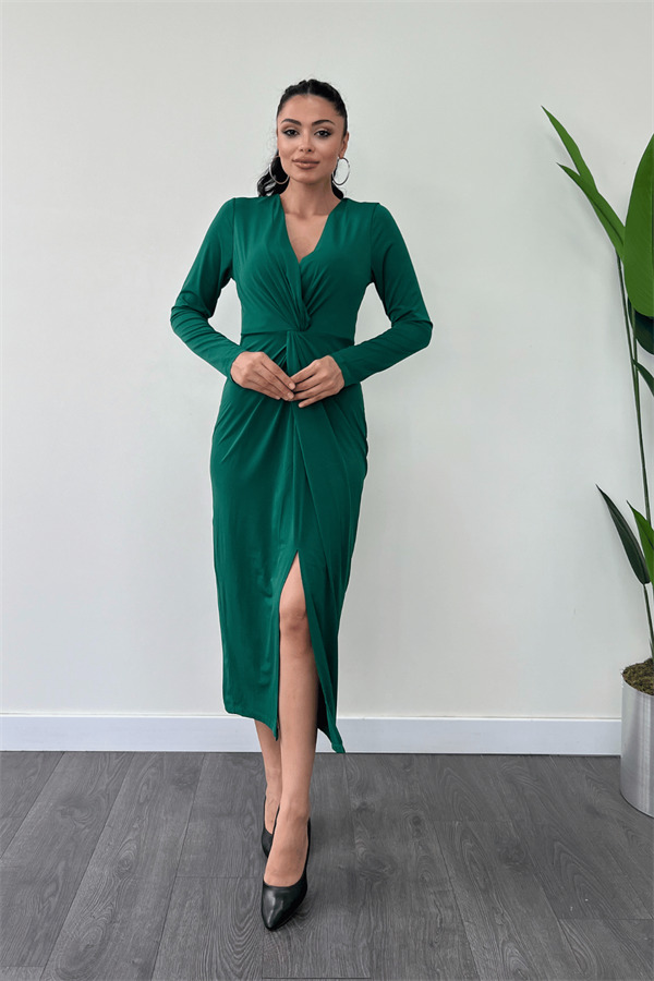 Jarse Kumaş Tasarım Kalem Elbise - ZÜMRÜT YEŞİL - 1