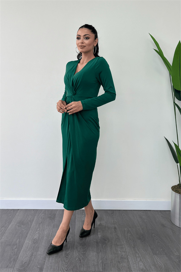 Jarse Kumaş Tasarım Kalem Elbise - ZÜMRÜT YEŞİL - 2