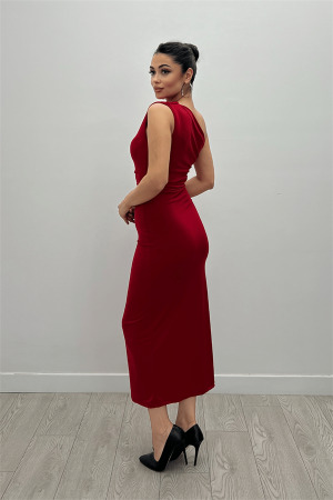 Jarse Kumaş Tek Omuz Büzgü Detaylı Kalem Elbise - KIRMIZI - 5