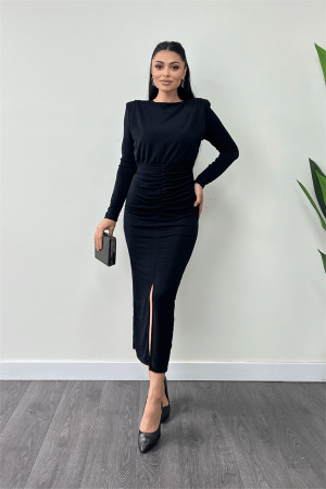 Jarse Payetli Kumaş Büzgü Detaylı Kalem Elbise - SİYAH - Angelino Moda