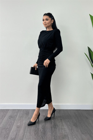 Jarse Payetli Kumaş Büzgü Detaylı Kalem Elbise - SİYAH - Angelino Moda (1)