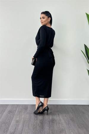 Jarse Payetli Kumaş Büzgü Detaylı Kalem Elbise - SİYAH - 5