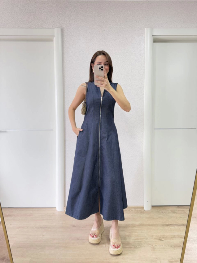 Jeans Kot Önü Tam Fermuarlı Uzun Elbise - Mavi - 1