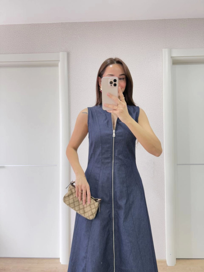 Jeans Kot Önü Tam Fermuarlı Uzun Elbise - Mavi - 3