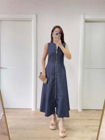 Jeans Kot Önü Tam Fermuarlı Uzun Elbise - Mavi - 4