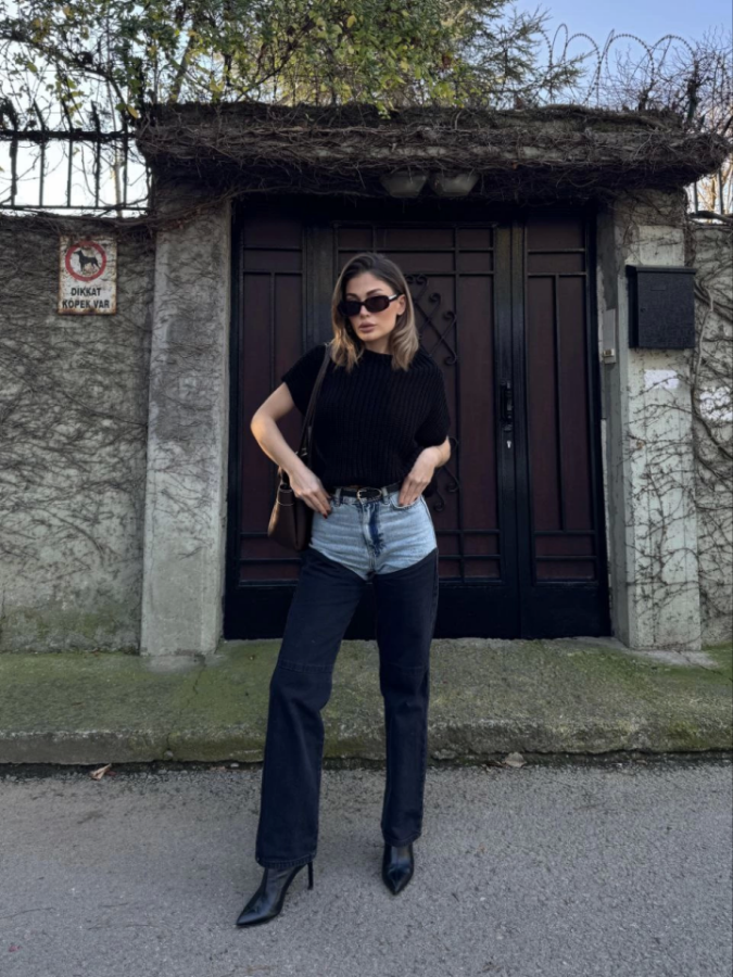 Jeans Kot Parçalı Palazzo Pantolon - Siyah - 4