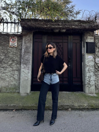 Jeans Kot Parçalı Palazzo Pantolon - Siyah - 3