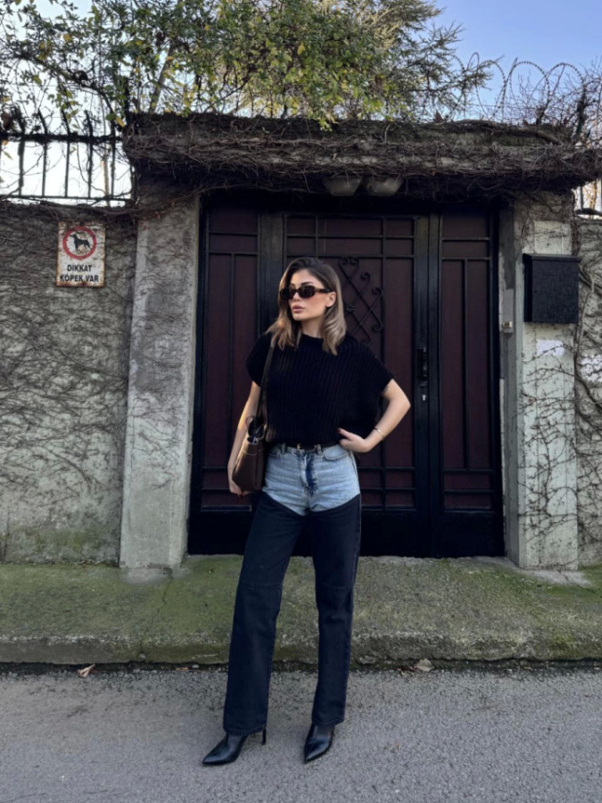 Jeans Kot Parçalı Palazzo Pantolon - Siyah - 3