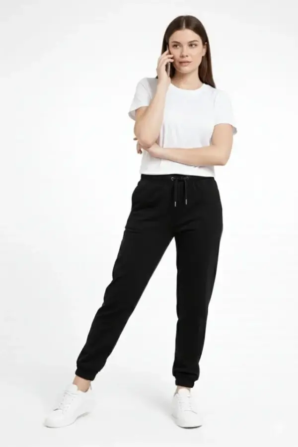 Jogger Eşofman Altı Rahat Kalıp, Cepli, Lastikli Paça, Günlük Spor Pantolon - Siyah - 2