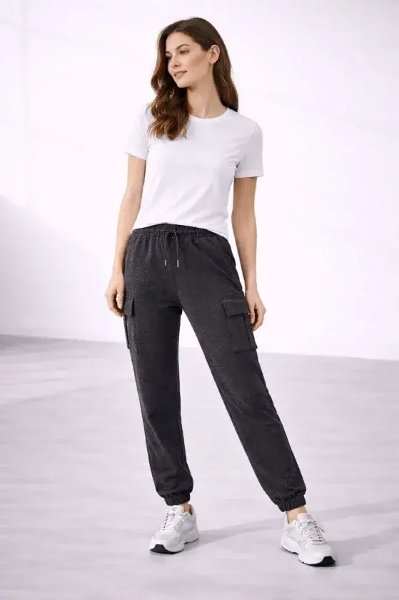 Jogger Eşofman Altı Rahat Kalıp, Kargo Cepli, Lastikli Paça, Günlük Spor Pantolon - Füme - 1