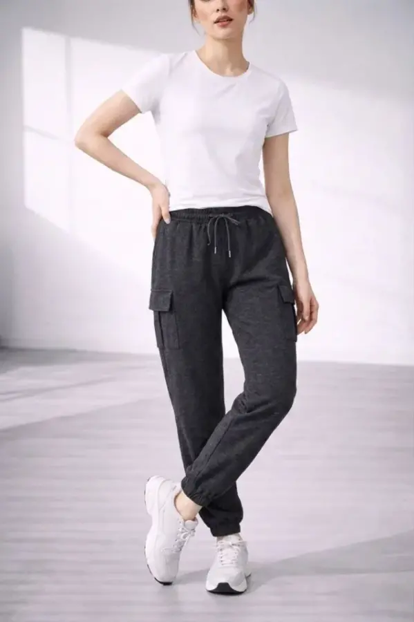 Jogger Eşofman Altı Rahat Kalıp, Kargo Cepli, Lastikli Paça, Günlük Spor Pantolon - Füme - 2