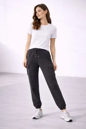 Jogger Eşofman Altı Rahat Kalıp, Kargo Cepli, Lastikli Paça, Günlük Spor Pantolon - Füme - 1