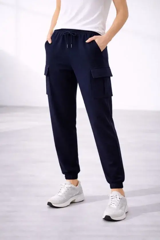Jogger Eşofman Altı Rahat Kalıp, Kargo Cepli, Lastikli Paça, Günlük Spor Pantolon - Lacivert - 1