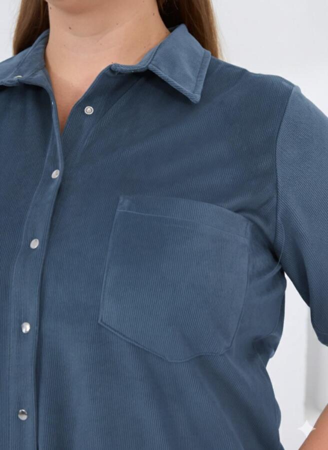 Kadife Büyük Beden Kol Çıtçıtlı Gömlek İndigo - 2