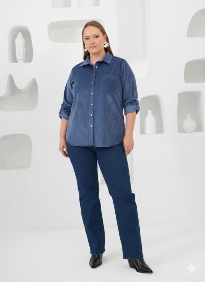 Kadife Büyük Beden Kol Çıtçıtlı Gömlek İndigo - 3