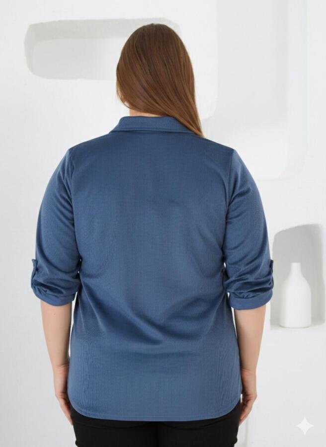 Kadife Büyük Beden Kol Çıtçıtlı Gömlek İndigo - 4