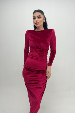 Kadife Kumaş Büzgü Detaylı Abiye Elbise - BORDO - Angelino Moda (1)