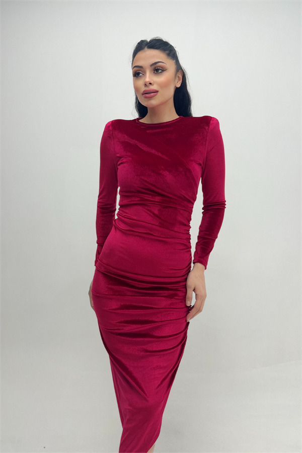 Kadife Kumaş Büzgü Detaylı Abiye Elbise - BORDO - 2