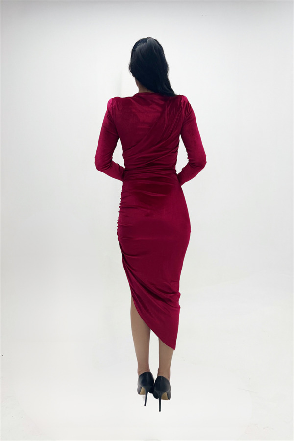 Kadife Kumaş Büzgü Detaylı Abiye Elbise - BORDO - 5