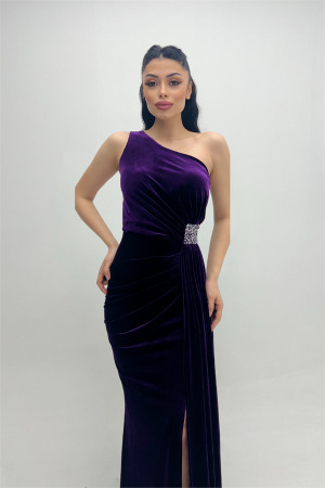 Kadife Kumaş Büzgülü Şal Detaylı Abiye Elbise - MOR - Angelino Moda