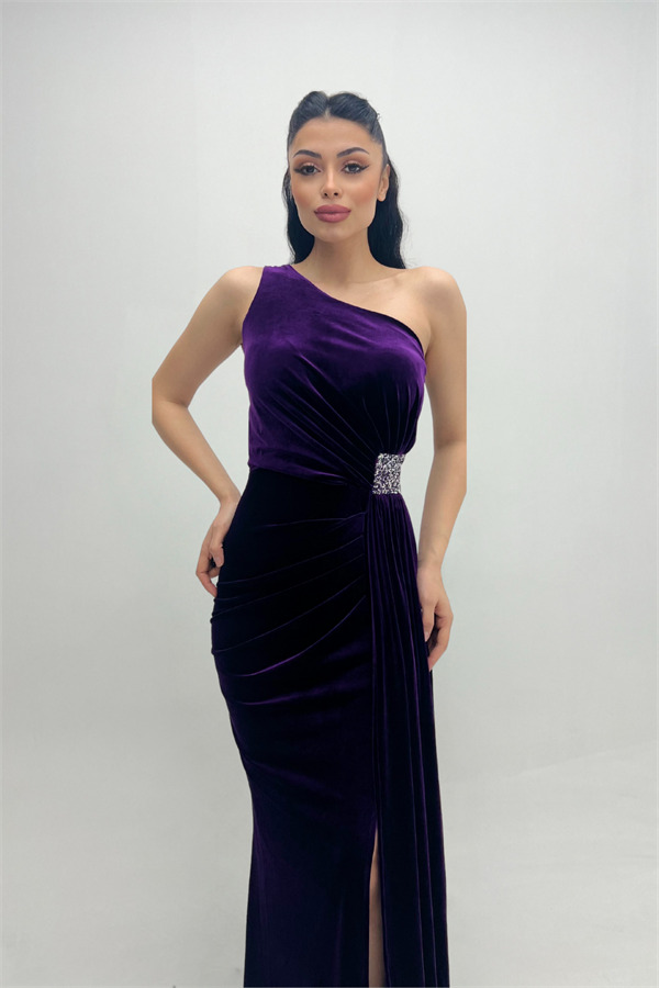 Kadife Kumaş Büzgülü Şal Detaylı Abiye Elbise - MOR - 1