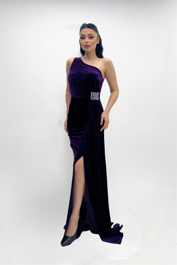 Kadife Kumaş Büzgülü Şal Detaylı Abiye Elbise - MOR - 3