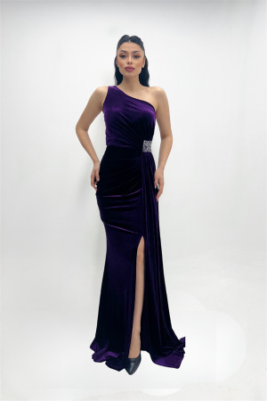 Kadife Kumaş Büzgülü Şal Detaylı Abiye Elbise - MOR - 4