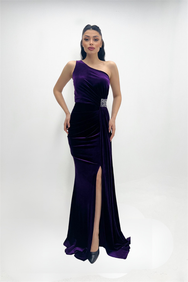 Kadife Kumaş Büzgülü Şal Detaylı Abiye Elbise - MOR - 4