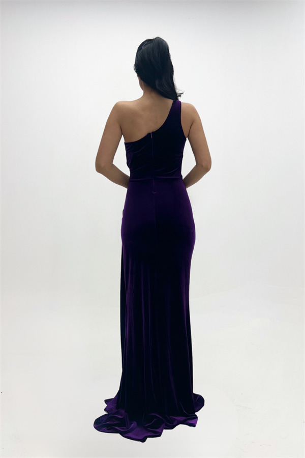 Kadife Kumaş Büzgülü Şal Detaylı Abiye Elbise - MOR - 5