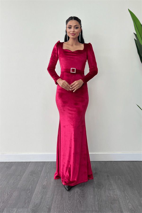 Kadife Kumaş Kalp Yaka Balık Elbise - BORDO - 1