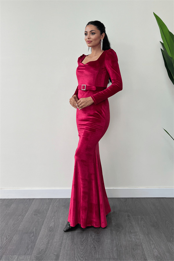 Kadife Kumaş Kalp Yaka Balık Elbise - BORDO - 2