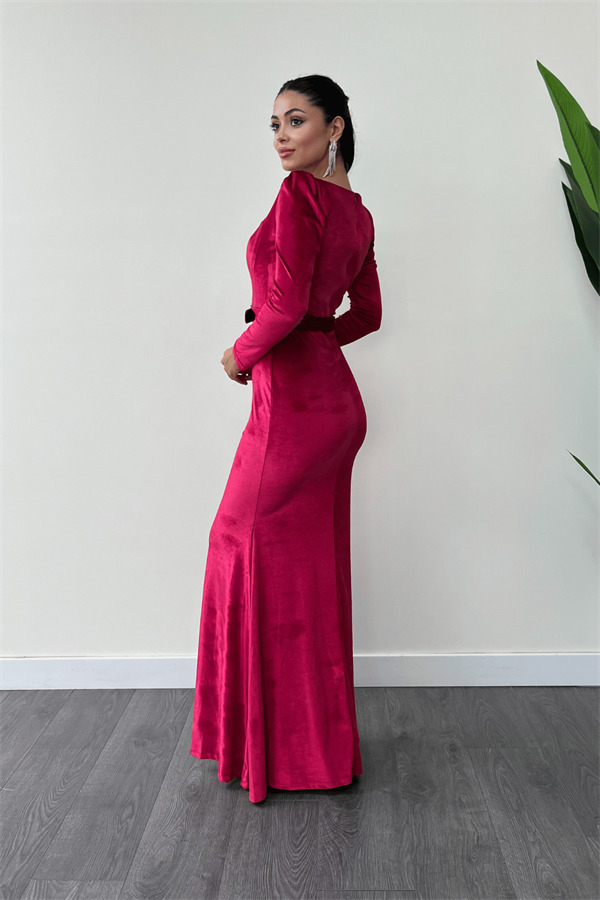 Kadife Kumaş Kalp Yaka Balık Elbise - BORDO - 5