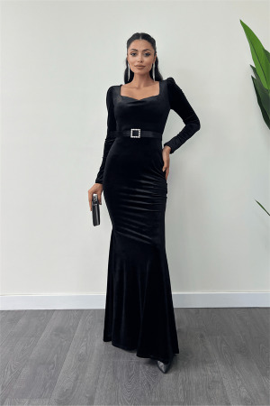 Velvet Fabric Heart Collar Fish Dress - BLACK - Angelino Moda