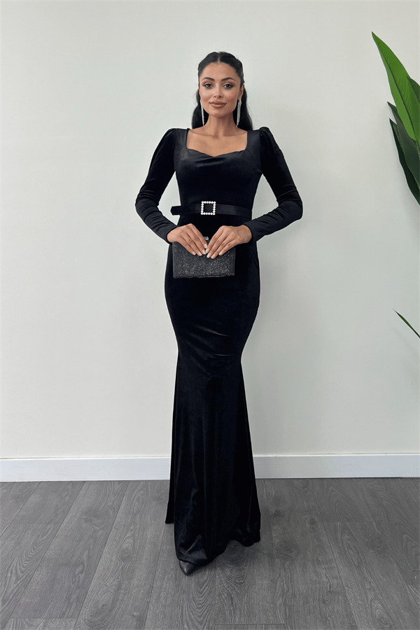 Kadife Kumaş Kalp Yaka Balık Elbise - SİYAH - 2