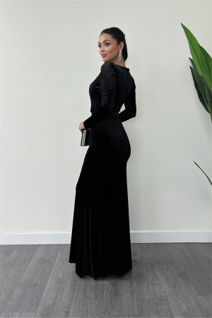 Kadife Kumaş Kalp Yaka Balık Elbise - SİYAH - 5