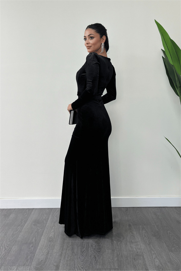 Kadife Kumaş Kalp Yaka Balık Elbise - SİYAH - 5