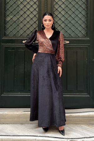 Kadife Kumaş Kruvaze Yaka Leopar Elbise - LEOPAR - EİPOM