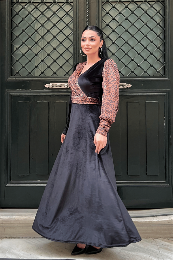 Kadife Kumaş Kruvaze Yaka Leopar Elbise - LEOPAR - 2