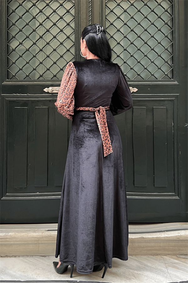 Kadife Kumaş Kruvaze Yaka Leopar Elbise - LEOPAR - 5