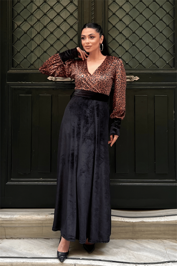 Kadife Kumaş Leopar Detaylı Elbise - SİYAH - 1