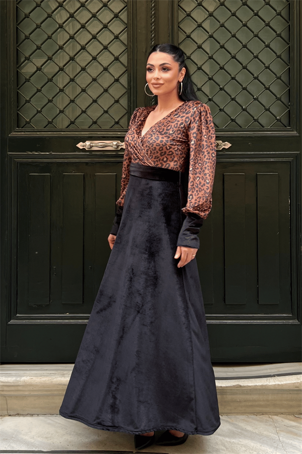 Kadife Kumaş Leopar Detaylı Elbise - SİYAH - 2