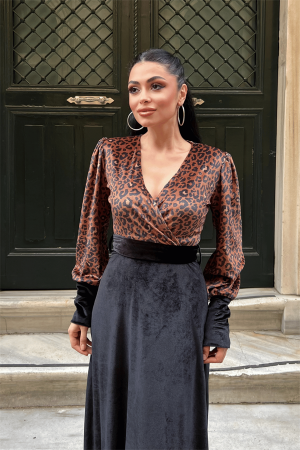 Kadife Kumaş Leopar Detaylı Elbise - SİYAH - 4