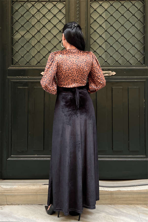 Kadife Kumaş Leopar Detaylı Elbise - SİYAH - 5